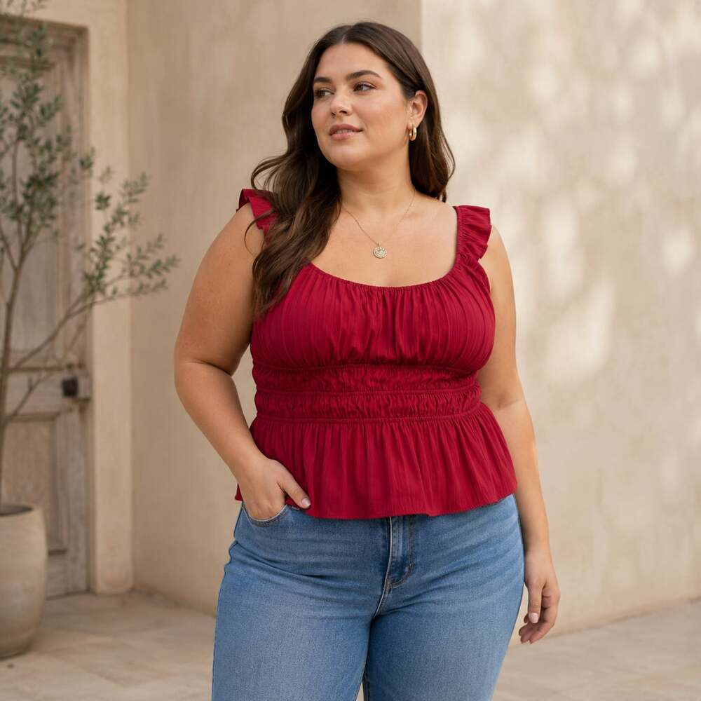 Anthropologie Red Ruffle Strap Peplum Top Plus Size Cottagecore 1X